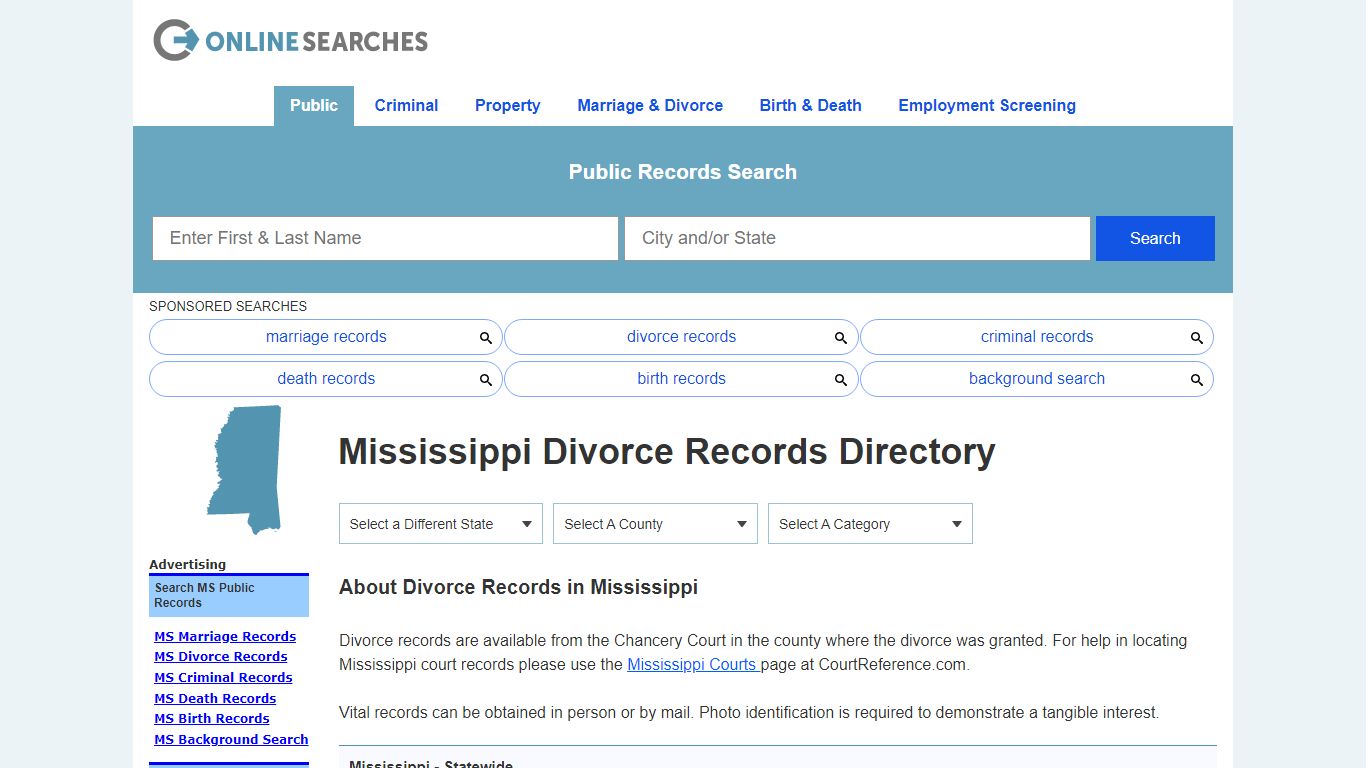 Mississippi Divorce Records Search Directory - OnlineSearches.com
